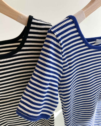 法式方領條紋上衣 Square neck stripe top